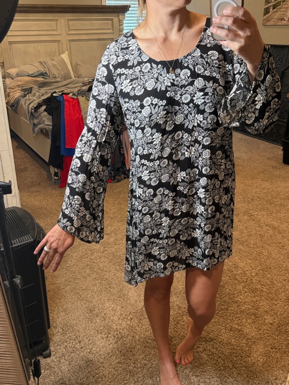 Black & White Floral Bell-Sleeve Dress - Women